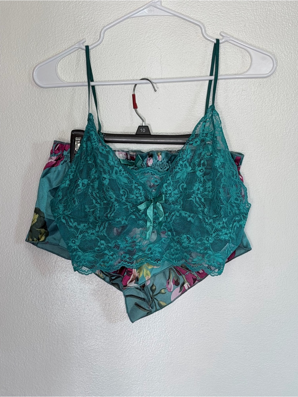 NWOT SHEIN Teal Lace Bralette & Floral Satin Shorts Set